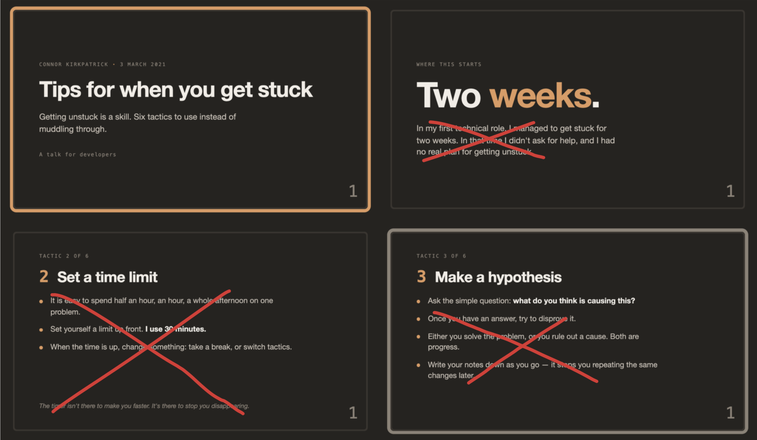 Four slides from a generated deck. The title slide is untouched; on the other three, the body paragraphs and bullet lists are struck through in red, leaving only the headlines.